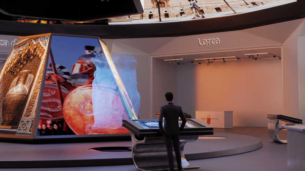 TourViz: Marketing visual para la promoción de productos turísticos. Imagen de render del stand de Cartagena en el Metaverso, un espacio virtual dedicado a promover los encantos turísticos de la ciudad. Explora las maravillas de Cartagena desde la comodidad de tu dispositivo y descubre todo lo que esta hermosa ciudad tiene para ofrecer.
