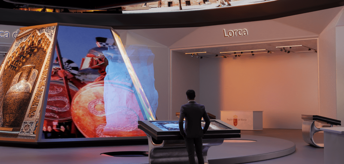 TourViz: Marketing visual para la promoción de productos turísticos. Imagen de render del stand de Cartagena en el Metaverso, un espacio virtual dedicado a promover los encantos turísticos de la ciudad. Explora las maravillas de Cartagena desde la comodidad de tu dispositivo y descubre todo lo que esta hermosa ciudad tiene para ofrecer.