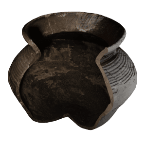 Imagen principal de una olla de cocina medieval de Cehegín con su interior seccionado y trazos de dibujo arqueológico. Descubre los detalles arqueológicos de esta pieza que nos transporta a la época medieval y revela aspectos fascinantes de la historia culinaria.