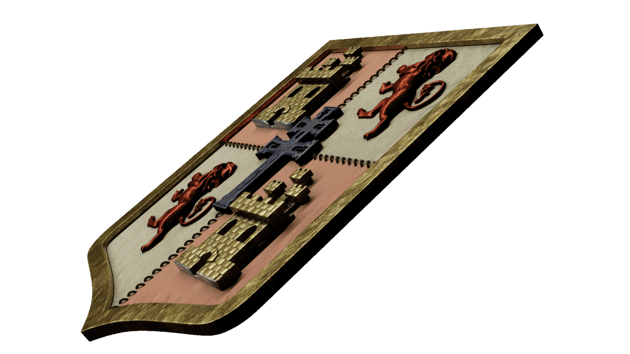 Isotipo del bando cristiano de Caravaca de la Cruz desde un ángulo dinámico, con el escudo de castillos y leones de Fernando III el Santo y la cruz de Caravaca.
