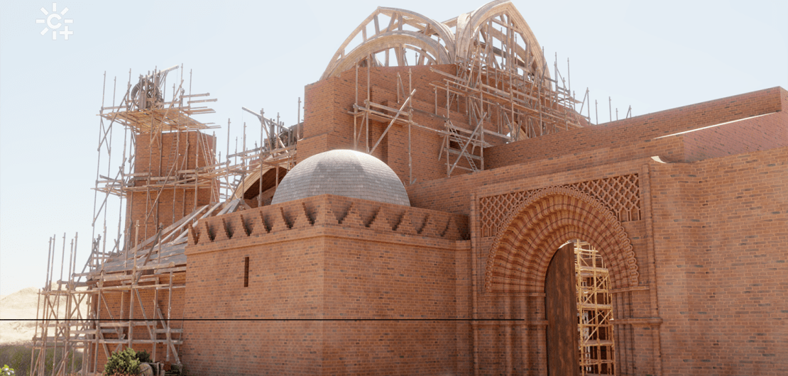 Modelo 3D del perfil de la puerta de los novios de la iglesia de San Jorge en su estado Gótico-Mudéjar original. Imagen Cuadrada