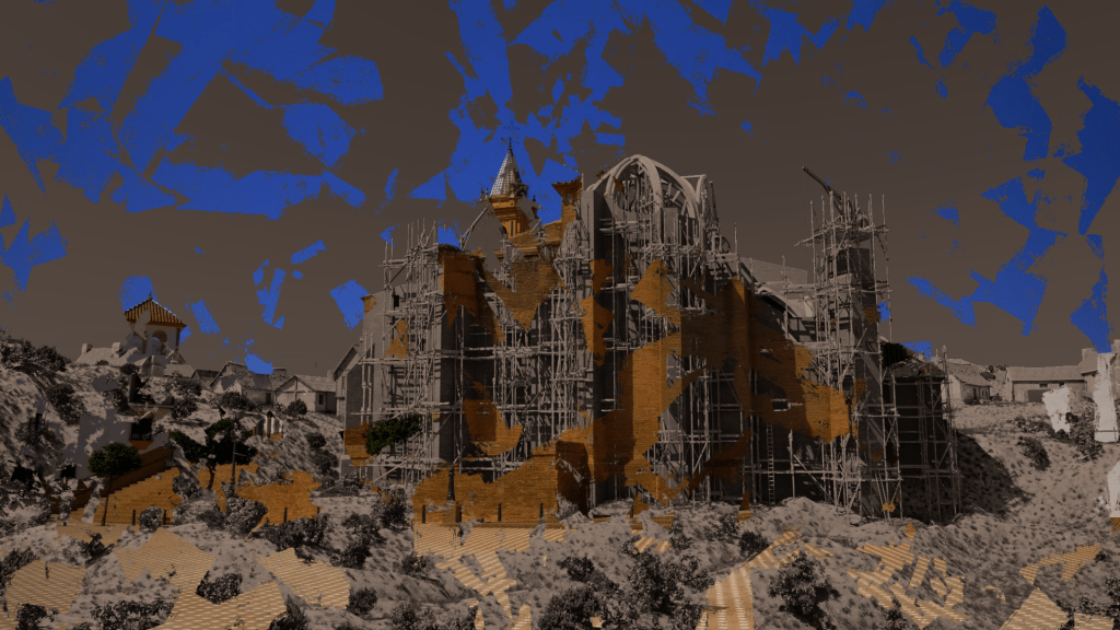 Montaje fotográfico artístico que superpone el estado actual de la iglesia de San Jorge de Palos de la Frontera sobre la hipótesis reconstructiva del siglo XV.