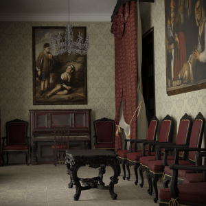 Integración Virtual en 3D de la sevillana Casa del Tesorero 2 Recreación virtual de la estancia de recepción en la Casa del Tesorero de Sevilla, mostrando la arquitectura y el mobiliario del Siglo de Oro donde se gestionaba el oro de América. Cuadrada