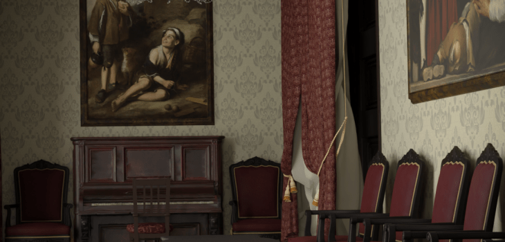 Recreación virtual de la estancia de recepción en la Casa del Tesorero de Sevilla, mostrando la arquitectura y el mobiliario del Siglo de Oro donde se gestionaba el oro de América. Cuadrada