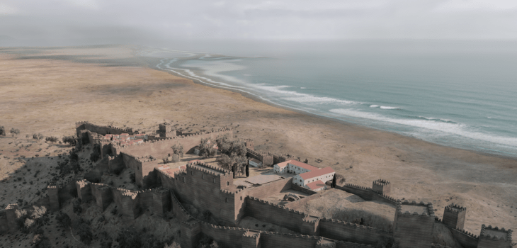 Reconstrucción virtual de la Alcazaba de Málaga mostrando su estado original y el barrio castrense en el recinto inferior. Cuadrada.