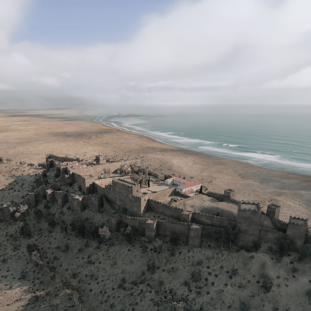 Reconstrucción virtual de la Alcazaba de Málaga mostrando su estado original y el barrio castrense en el recinto inferior. Cuadrada.